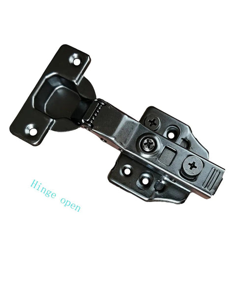 Gun Black Frameless Half Cover Cabinet Hinge 105 Degree Soft Close, open position, showing three-way adjustable design.
