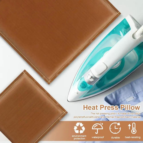 Heat Press Pillow Set 9 Pieces In 1 With Four Size Cushions And Five T Shirt Ruler Guides, shown with iron and cushion.