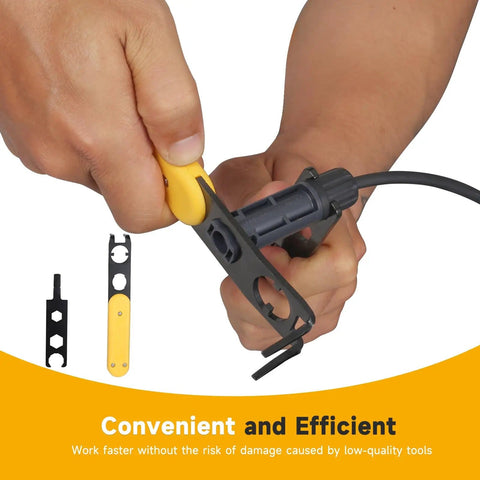 Person using Universal MC4 Disconnect Tool 6-In-1 Wrench, Heavy-Duty Metal Solar Connector Tool on PV Connector