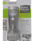 Eco I Lite 4 In 1 Rechargeable Emergency Flashlight Kit in packaging, showing front view with 16 LED lights and induction charging base.