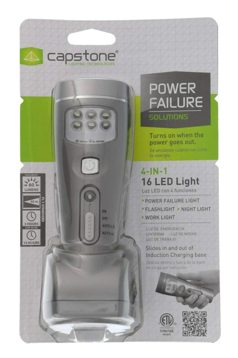 Eco I Lite 4 In 1 Rechargeable Emergency Flashlight Kit in packaging, showing front view with 16 LED lights and induction charging base.