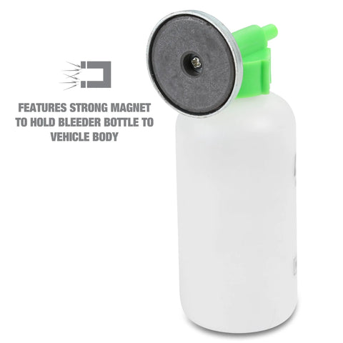 Bleed-O-Matic one-man brake bleeder bottle with green nozzle and magnetic disc on opaque white bottle