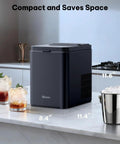 Self Cleaning Countertop Ice Maker Slams Out Bullet Ice In Six Minutes Whisper Quiet Operation, compact black design on kitchen countertop.