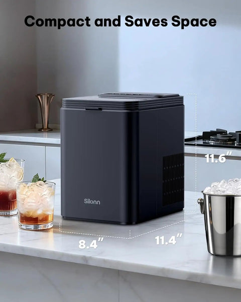 Self Cleaning Countertop Ice Maker Slams Out Bullet Ice In Six Minutes Whisper Quiet Operation, compact black design on kitchen countertop.