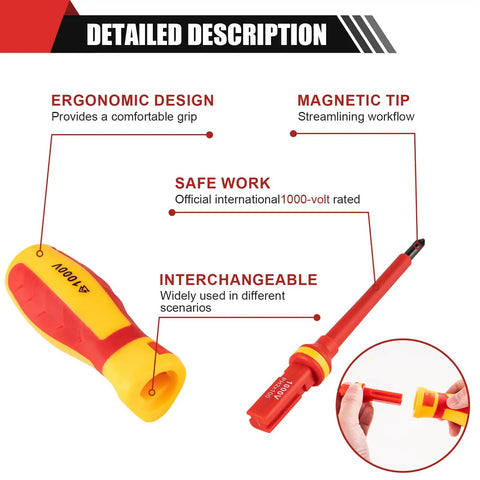 Pro Grade 13 Piece Screwdriver Set With 1000V Insulation And Built In Voltage Test Probe showcasing ergonomic design and magnetic tip.