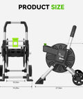 Garden Hose Reel Cart With 150 Feet Of 5/8 Inch Hose, Aluminum Frame, Rust Resistant Reel shown with dimensions