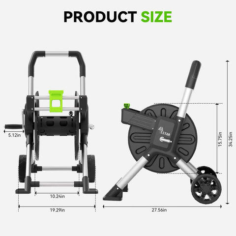 Garden Hose Reel Cart With 150 Feet Of 5/8 Inch Hose, Aluminum Frame, Rust Resistant Reel shown with dimensions