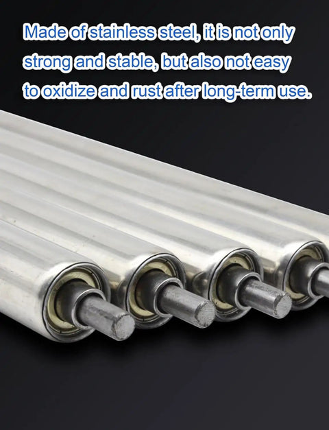 No Sweat Smooth Rolling Heavy Duty Stainless Steel Conveyor Rollers 5 Pack Non Powered Idler Tubes For Quick Warehouse Material Handling Built Tough And Solid 39 Inches Long, detailed view of stainless steel rollers.