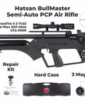 BullMaster 25 Cal PCP Air Rifle With Scope Bundle Includes 100 Paper Targets And 150 Pellets Hard Case Ready To Shoot Precision Field Rifle For Backyard Fun featuring rifle, scope, and accessories including magazines, repair kit, and hard case.