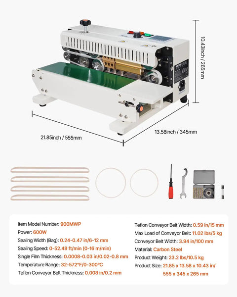 Heavy Duty Continuous Bag Sealer Machine For Plastic Bags, Horizontal Band Sealer With Digital Temperature Control, carbon steel body, dimensions marked