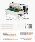 FR-900 Continuous Band Sealer, Automatic Horizontal Sealing Machine 110V with dimensions and specifications, 600W power