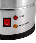 Close-up of Party Ready Commercial Coffee Urn And Tea Maker 8L Large Stainless Steel Beverage Dispenser with heat controls visible.