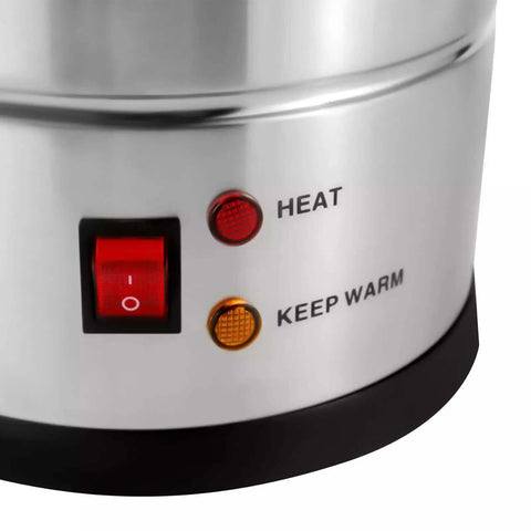 Close-up of Party Ready Commercial Coffee Urn And Tea Maker 8L Large Stainless Steel Beverage Dispenser with heat controls visible.