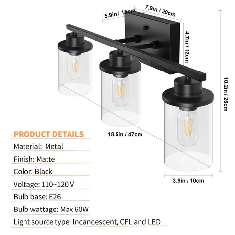 Slick Black 3 Light Vanity Light Fixtures Over Mirror With Clear Glass Shades dimensions and details.