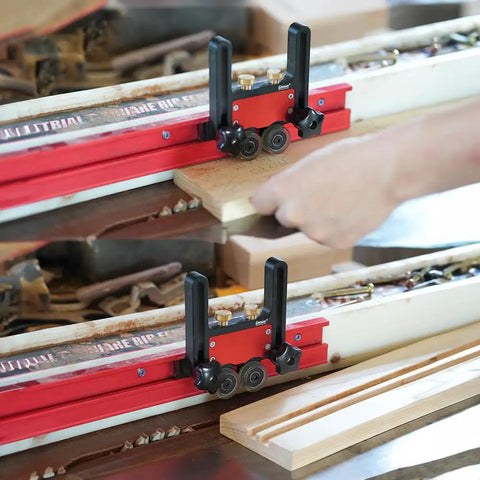Heavy Duty Aluminum Alloy Table Saw Feeding Roller Guide With Ball Bearings For T Track Woodworking Fences shown in use with wood being cut.