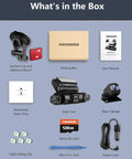 Image showing contents of the box for 360 Degree Four Channel Dash Cam With Front Rear Left And Right Cameras For All Around Coverage Car Dash Camera With GPS WiFi Night Vision 24 Seven Parking Mode 1080P Recording 128GB Card Included, including dash cam, rear camera, suction mount, 128GB card, manual, and cables.