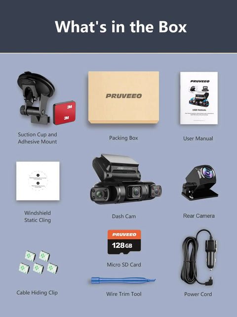 Image showing contents of the box for 360 Degree Four Channel Dash Cam With Front Rear Left And Right Cameras For All Around Coverage Car Dash Camera With GPS WiFi Night Vision 24 Seven Parking Mode 1080P Recording 128GB Card Included, including dash cam, rear camera, suction mount, 128GB card, manual, and cables.