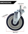 Four Pack 5 Inch Shopping Cart Replacement Wheels With Threaded Stem Casters Half Inch Diameter Thirteen Threads Per Inch One Inch Long For Carts And Furniture Heavy Duty 300 Lbs Per Wheel 1200 Lbs Total Load Capacity