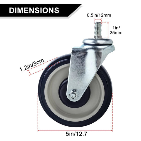 Four Pack 5 Inch Shopping Cart Replacement Wheels With Threaded Stem Casters Half Inch Diameter Thirteen Threads Per Inch One Inch Long For Carts And Furniture Heavy Duty 300 Lbs Per Wheel 1200 Lbs Total Load Capacity