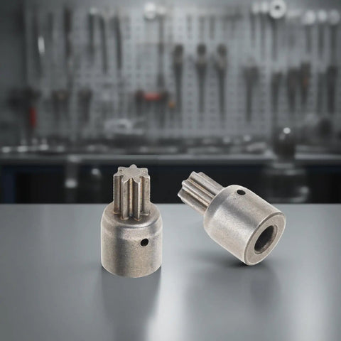 Super Slick 5 mm Shaft Electric Wrench Motor Gear Rotor parts shown on workbench, strong metal construction for tool maintenance.