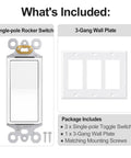 Decora Light Switch Single Pole Rocker Combo With 3 Gang Plate UL And CUL Certified For Safety Complete Installation Kit With Screws 6.38 Inch By 4.5 Inch Wall Plate Fits Standard Electrical Boxes Easy Install, 3 switches and plate