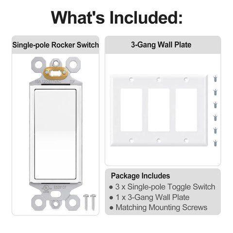Decora Light Switch Single Pole Rocker Combo With 3 Gang Plate UL And CUL Certified For Safety Complete Installation Kit With Screws 6.38 Inch By 4.5 Inch Wall Plate Fits Standard Electrical Boxes Easy Install, 3 switches and plate