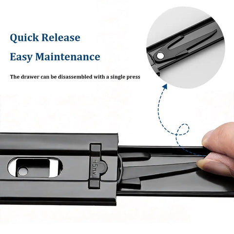 Black Side Mount Drawer Slides 3-Section Full Extension Silent Ball Bearing With Detachable Quick Release mechanism shown