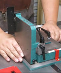 Heavy Duty Woodworking Tenoning Machine Desktop Drilling Jig For Dead On Alignment with clamps and adjustments visible on workstation.