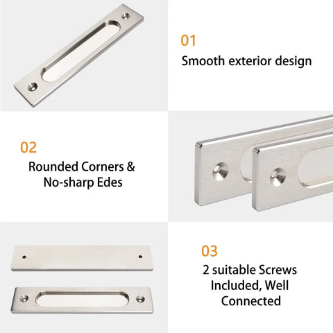 Rectangular Recessed Sliding Door Pulls 2 Piece Brushed Steel Flush Pulls, detailed features infographic with smooth design