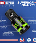 Close-up of Two-Piece Impact Socket Adapter 3/8 to 1/2 with markings, rustproof coating, CR-MO steel, and secure fit design.
