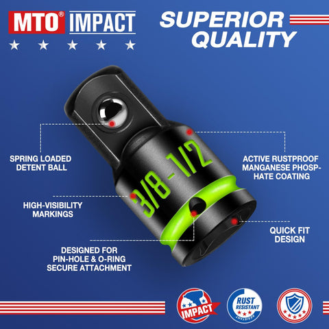 Close-up of Two-Piece Impact Socket Adapter 3/8 to 1/2 with markings, rustproof coating, CR-MO steel, and secure fit design.