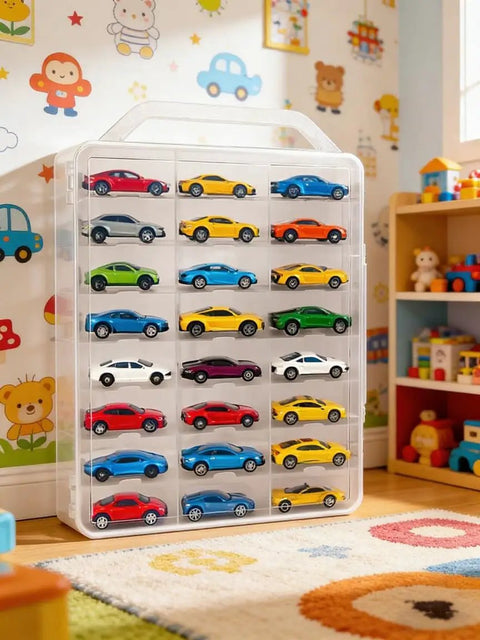 Double Sided 1:64 Scale Toy Car Storage Case With 48 Slots Clear Organizer And Easy Grab Handles for die cast model cars in playroom