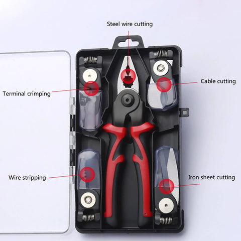 Multipurpose Wire Strippers And Crimping Pliers With Quick Change Heads For DIYers And Home Pros in a case, ergonomic grip.