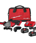 Heavy Duty Brushless Cordless Angle Grinder Kit 4 5 Inch 5 Inch 18 Volt with batteries, charger, and carrying case.