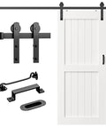 Sliding Barn Door Hardware Kit Six Point Six Foot Heavy Duty Rail System With Quiet Smooth Operation Easy Install Includes Door Hook And Two Handles For Doors One And Three Eighths To One And Three Quarters Inches Thick Black I Shape Hanger showing track, hangers, door hook, and handles.