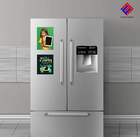 Durable White Vinyl Magnetic Roll for DIY Crafts on a fridge door, showcasing flexible magnet sheet use for signs and crafts.