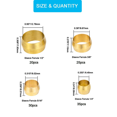 Essential 110 Piece Brass Compression Sleeve Ferrule Kit For Quarter To One Half Inch Tubing product size and quantity diagram