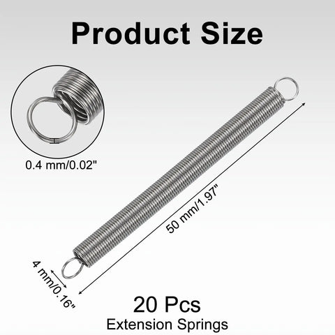 20 Pcs Heavy Duty Extension Springs Made From 304 Stainless Steel, Tiny 0.02 Inch Wire By 0.16 Inner Diameter With 1.97 Length shown with size details.