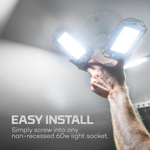 High Bright 9000 Lumen Garage Light With Adjustable Panels being installed into a standard ceiling socket, easy and tool-free.