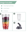 Four Pack 32 Oz Blender Cups With Flip Top To Go Lids And Resealable Stay Fresh Lids Fit 600W And 900W Blenders Replacement Parts BPA Free Easy To Transport, showing filled 32oz cup, empty 24oz cup, to-go lid