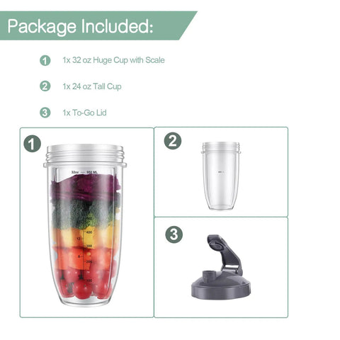 Four Pack 32 Oz Blender Cups With Flip Top To Go Lids And Resealable Stay Fresh Lids Fit 600W And 900W Blenders Replacement Parts BPA Free Easy To Transport, showing filled 32oz cup, empty 24oz cup, to-go lid