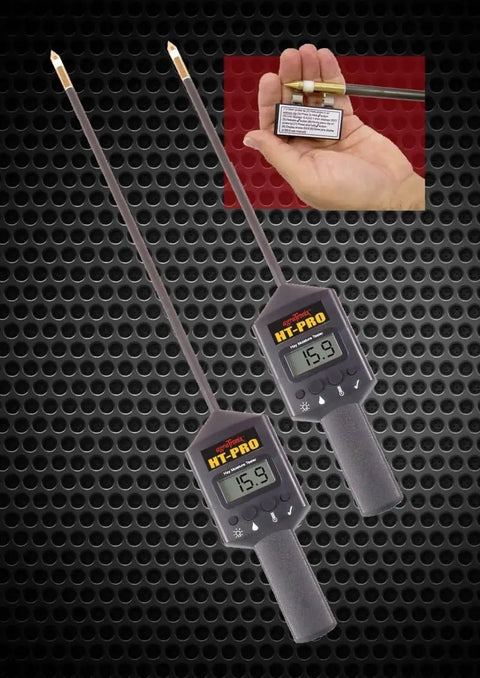 Hay Bale Moisture Tester With 20 Inch Probe, Calibration Clip, Illuminated LCD Display, And Above And Below Moisture Indicators, Monitors 8 To 44 Percent Range For Fast, Accurate Field Checks. Handheld hay moisture tester with long probe and LCD screen