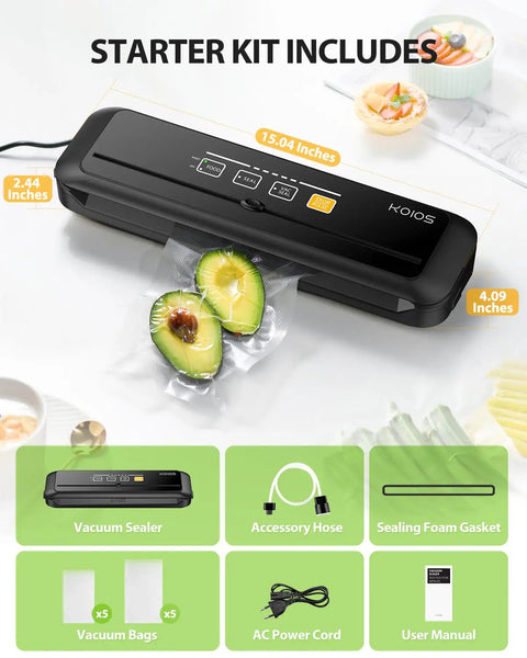 Automatic Vacuum Sealer Machine With Built In Cutter, 90KPa Vacuum, Dry And Moist Food Modes, Pulse Function, Starter Kit, Black