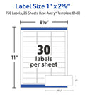 Foolproof Easy Peel Address Labels For Inkjet Printers White Rectangle Sheets Size One X Two Point Six Box Of 750 showing layout and dimensions.