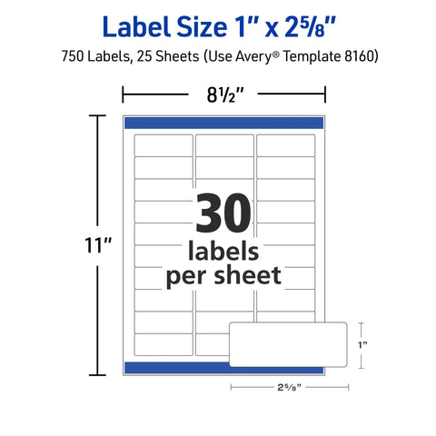 Foolproof Easy Peel Address Labels For Inkjet Printers White Rectangle Sheets Size One X Two Point Six Box Of 750 showing layout and dimensions.