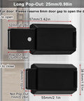Magnetic Push to Open Cabinet Hardware Heavy Duty Push Latch and Lock for Hidden Doors, showing dimensions for pop-out and closed positions.