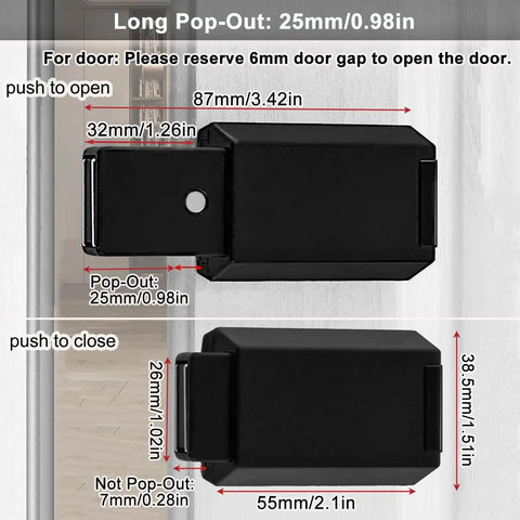 Magnetic Push to Open Cabinet Hardware Heavy Duty Push Latch and Lock for Hidden Doors, showing dimensions for pop-out and closed positions.