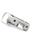 Heavy Duty Iron Latch Catch For Sliding Door Or Window J106 Cabinet Box Lock With Spring Loaded Toggle Mechanism Keeps Furniture Secure And Sturdy. silver iron latch catch with spring-loaded toggle, angled front view
