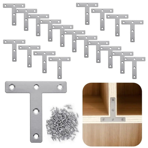 Twenty Piece Flat Corner Braces Kit With 3.1 By 3.1 Inch T Shaped Shelf Brackets And Screws Includes 100 Screws 201 Stainless Steel