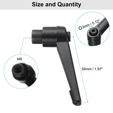 Close-up of black M5 clamping lever from 4 Piece Clamping Lever Adjustable Handles Set With Metric M5 Threads Including 20mm Male And M5 Female.